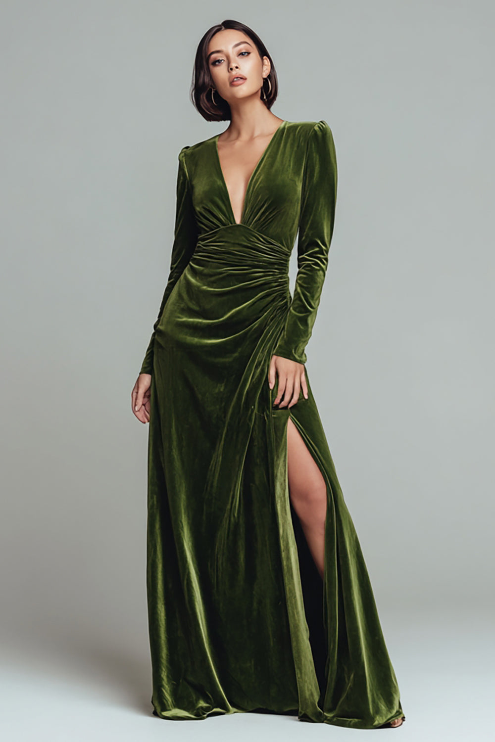 Olive Velvet Sheath V-Neck Long Sleeves Holiday Party Dress with Slit