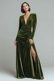 Queendancer Women Olive Velvet Sheath Holiday Party Dress with Slit V-Neck Ruched Christmas Party Dress with Sleeves