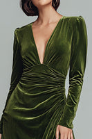 Load image into Gallery viewer, Olive Velvet Sheath V-Neck Long Sleeves Holiday Party Dress with Slit