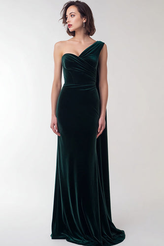 Dark Green Velvet Mermaid One Shoulder Long Holiday Party Dress