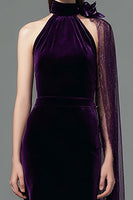Load image into Gallery viewer, Plum Velvet High Neck Mermaid Long Holiday Party Dress with Side Cape