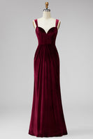 Load image into Gallery viewer, Burgundy Velvet Thick Straps Mermaid Ruched Long Holiday Party Dress