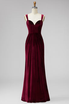 Burgundy Velvet Thick Straps Mermaid Ruched Long Holiday Party Dress