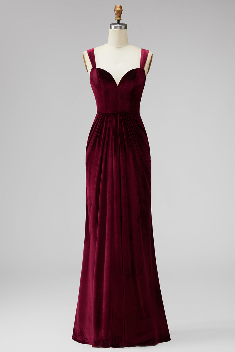 Load image into Gallery viewer, Burgundy Velvet Thick Straps Mermaid Ruched Long Holiday Party Dress