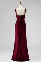 Load image into Gallery viewer, Burgundy Velvet Thick Straps Mermaid Ruched Long Holiday Party Dress