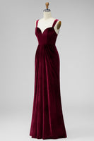 Load image into Gallery viewer, Burgundy Velvet Thick Straps Mermaid Ruched Long Holiday Party Dress