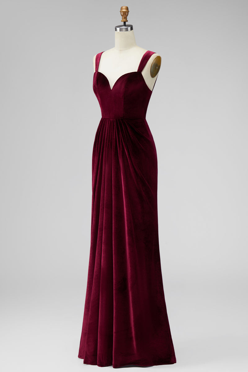 Load image into Gallery viewer, Burgundy Velvet Thick Straps Mermaid Ruched Long Holiday Party Dress