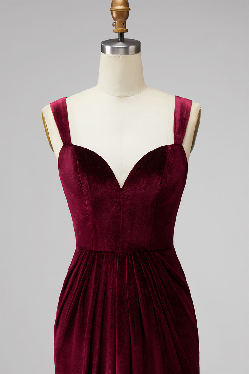 Load image into Gallery viewer, Burgundy Velvet Thick Straps Mermaid Ruched Long Holiday Party Dress