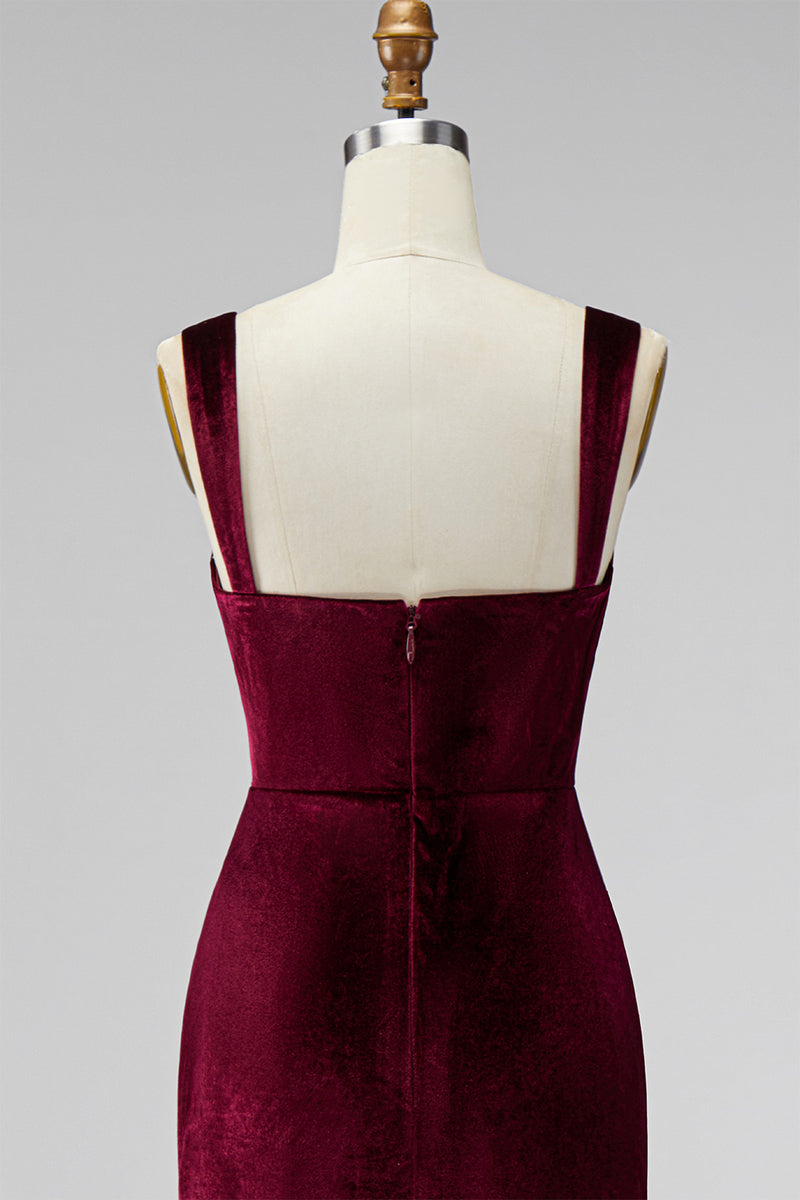 Load image into Gallery viewer, Burgundy Velvet Thick Straps Mermaid Ruched Long Holiday Party Dress