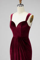 Load image into Gallery viewer, Burgundy Velvet Thick Straps Mermaid Ruched Long Holiday Party Dress