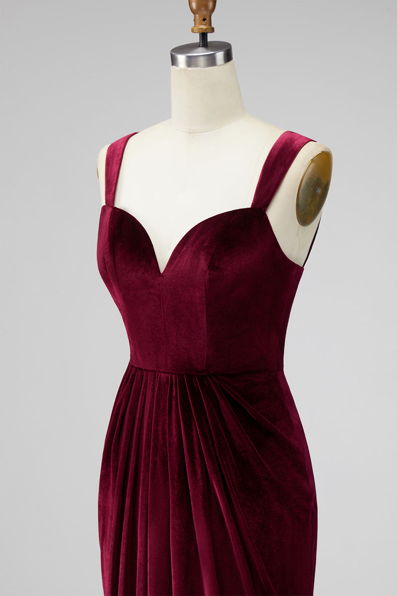 Load image into Gallery viewer, Burgundy Velvet Thick Straps Mermaid Ruched Long Holiday Party Dress