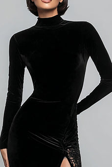 Black Velvet High Neck Long Sleeves Holiday Party Dress with Slit