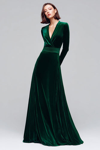 Dark Green Velvet V-Neck A Line Long Sleeves Holiday Party Dress