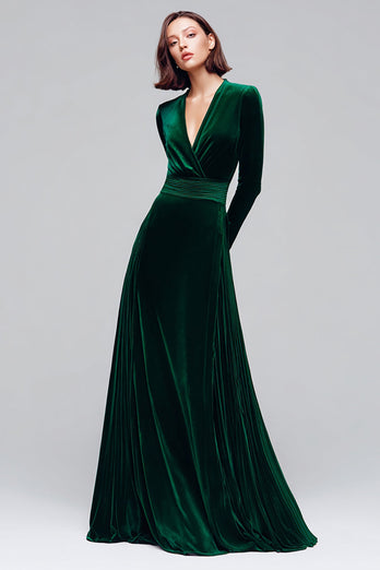 Dark Green Velvet V-Neck A Line Long Sleeves Holiday Party Dress