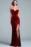 Load image into Gallery viewer, Burgundy Velvet Ruched Mermaid Long Holiday Party Dress with Slit