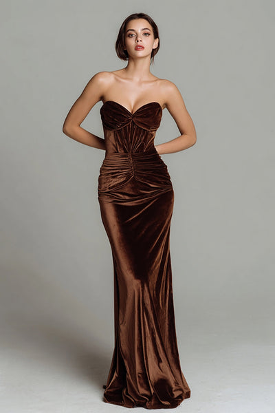 Brown Velvet Mermaid Ruched Long Corset Holiday Party Dress