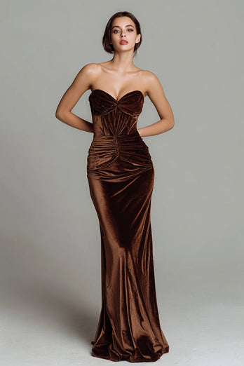 Brown Velvet Mermaid Ruched Long Corset Holiday Party Dress