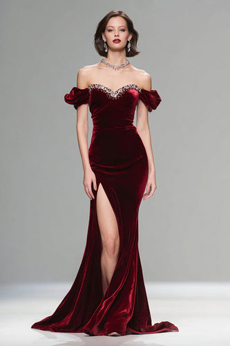 Sparkly Burgundy Velvet Off the Shoulder Long Holiday Party Dress with Beading