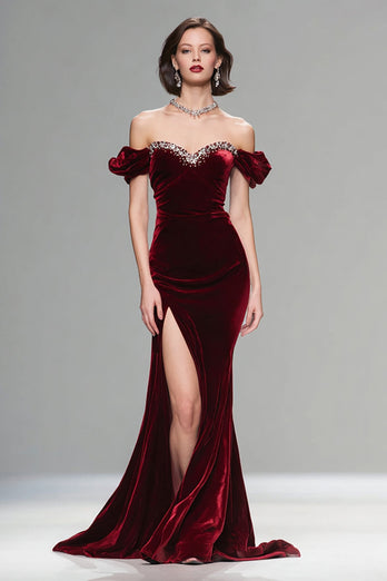 Sparkly Burgundy Velvet Off the Shoulder Long Holiday Party Dress with Beading