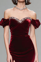 Load image into Gallery viewer, Sparkly Burgundy Velvet Off the Shoulder Long Holiday Party Dress with Beading