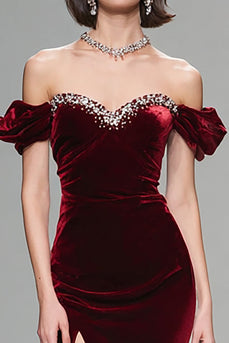 Sparkly Burgundy Velvet Off the Shoulder Long Holiday Party Dress with Beading