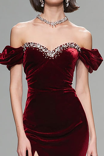 Sparkly Burgundy Velvet Off the Shoulder Long Holiday Party Dress with Beading