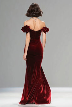Sparkly Burgundy Velvet Off the Shoulder Long Holiday Party Dress with Beading