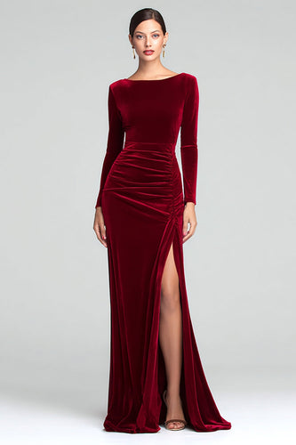 Burgundy Velvet Boat Neck Ruched Long Sleeves Holiday Party Dress