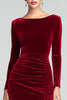 Load image into Gallery viewer, Burgundy Velvet Boat Neck Ruched Long Sleeves Holiday Party Dress