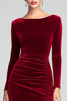 Burgundy Velvet Boat Neck Ruched Long Sleeves Holiday Party Dress