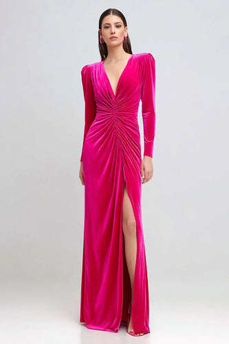 Fuchsia Velvet Ruched V-Neck Long Sleeves Holiday Party Dress with Slit