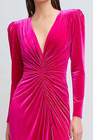 Load image into Gallery viewer, Fuchsia Velvet Ruched V-Neck Long Sleeves Holiday Party Dress with Slit