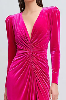 Fuchsia Velvet Ruched V-Neck Long Sleeves Holiday Party Dress with Slit