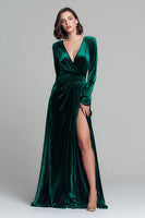 Load image into Gallery viewer, Dark Green Velvet A Line V-Neck Long Sleeves Holiday Party Dress with Slit