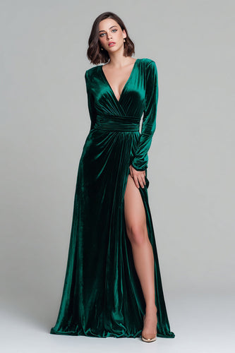 Dark Green Velvet A Line V-Neck Long Sleeves Holiday Party Dress with Slit