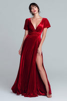Load image into Gallery viewer, Red A Line Velvet V-Neck Long Holiday Party Dress with Slit