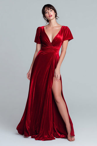 Red A Line Velvet V-Neck Long Holiday Party Dress with Slit