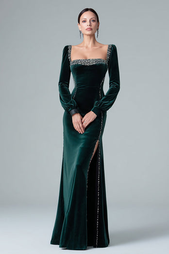 Sparkly Dark Green Velvet Mermaid Long Sleeves Holiday Party Dress with Slit