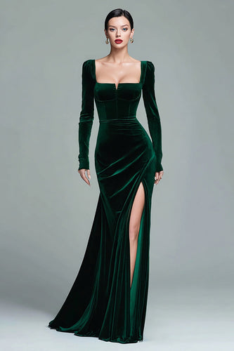 Dark Green Velvet Ruched Square Neck Long Holiday Party Dress with Slit