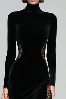 Black Velvet High Neck Mermaid Maxi Holiday Party Dress with Lace