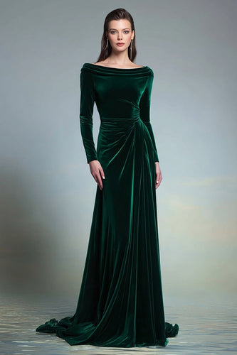 Dark Green Velvet Sheath Boat Neck Long Sleeves Formal Dress