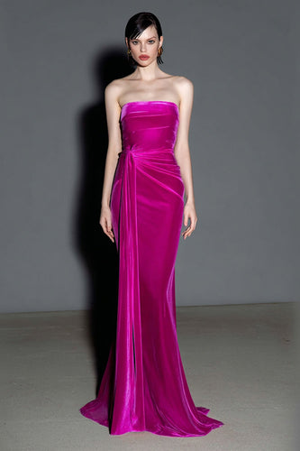 Fuchsia Velvet Strapless Mermaid Maxi Holiday Party Dress with Sash