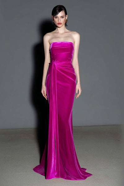 Fuchsia Velvet Strapless Mermaid Maxi Holiday Party Dress with Sash