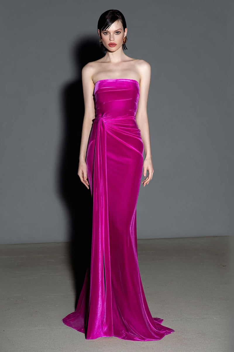 Load image into Gallery viewer, Fuchsia Velvet Strapless Mermaid Maxi Holiday Party Dress with Sash
