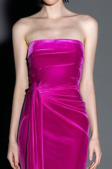 Fuchsia Velvet Strapless Mermaid Maxi Holiday Party Dress with Sash