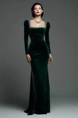Sparkly Dark Green Velvet Square Neck Mermaid Maxi Holiday Party Dress