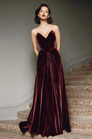 Load image into Gallery viewer, Burgundy Velvet A Line Pleated Sweetheart Long Formal Dress