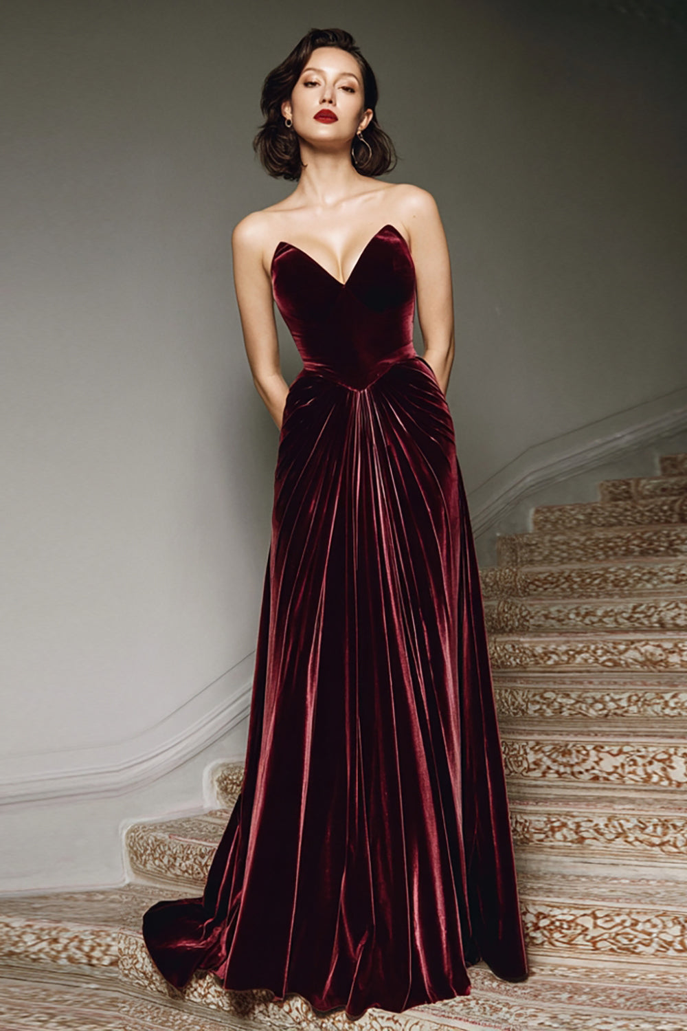 Burgundy Velvet A Line Pleated Sweetheart Long Formal Dress
