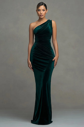 Dark Green Velvet One Shoulder Mermaid Maxi Holiday Party Dress