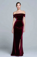 Load image into Gallery viewer, Burgundy Velvet Off the Shoulder Long Holiday Party Dress with Slit
